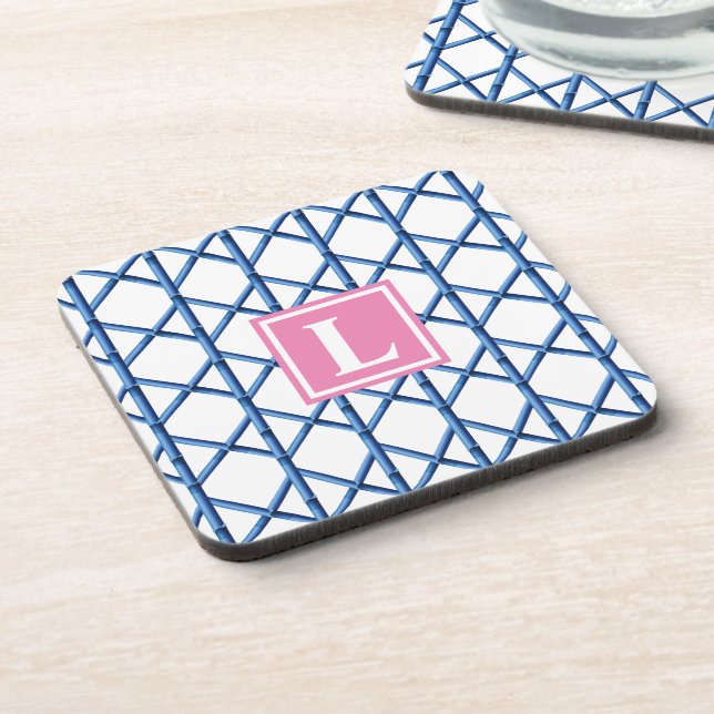Preppy Blue Trellis Bamboo Pattern Monogram Coaster (Left Side)