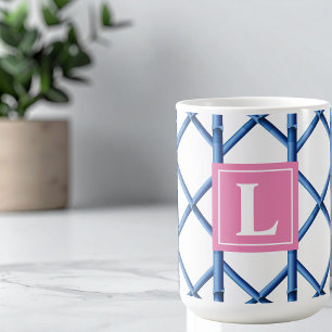 Preppy Blue Trellis Bamboo Pattern Monogram Coffee Mug
