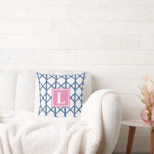 Preppy Blue Trellis Bamboo Pattern Monogram Cushion