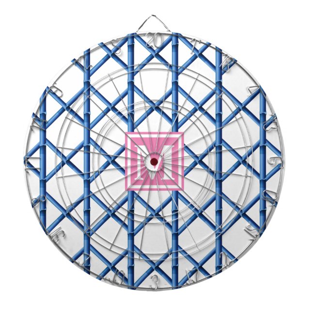 Preppy Blue Trellis Bamboo Pattern Monogram Dartboard (Front)