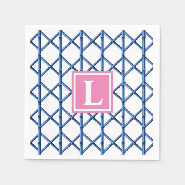 Preppy Blue Trellis Bamboo Pattern Monogram Napkin (Front)