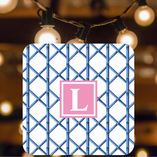 Preppy Blue Trellis Bamboo Pattern Monogram Square Paper Coaster
