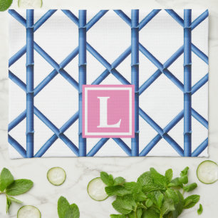 Preppy Blue Trellis Bamboo Pattern Monogram Tea Towel