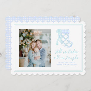 Preppy Blue Watercolor Bows Stockings Holiday Card
