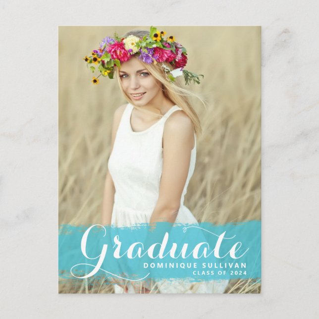 Preppy Blue Watercolor Overlay Photo Graduation Announcement Postcard (Front)