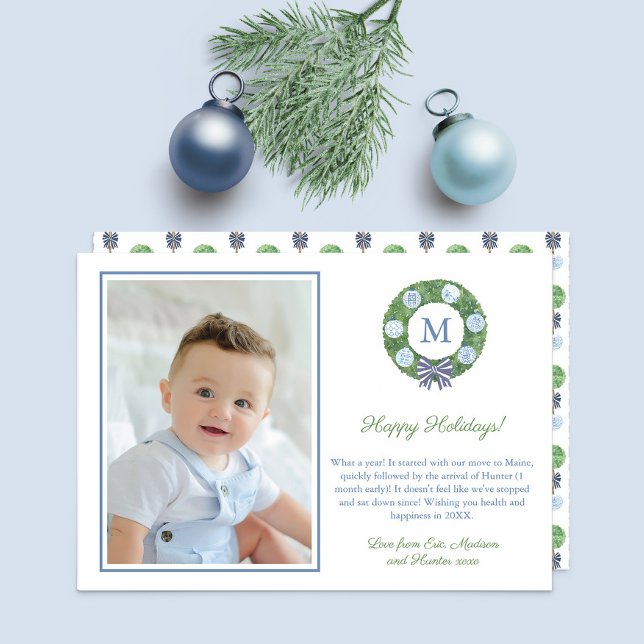 Preppy Blue White Boxwood Wreath Monogram Photo Holiday Card (Preppy wreath with blue and white ginger jar ornaments, boxwood details and family photo)