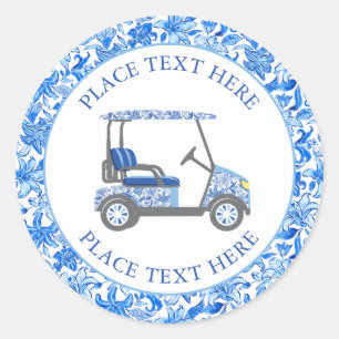 Preppy Blue & White Flowers Golf Cart Classic Round Sticker