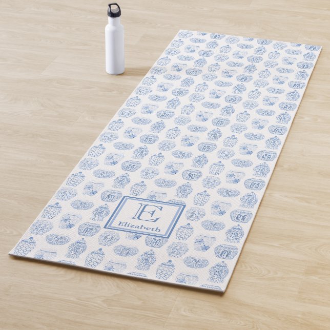 Preppy Blue White Ginger Jars Pattern Monogrammed Yoga Mat (In Situ)
