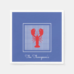 Preppy Blue White Gingham Red Lobster Custom Name Napkin