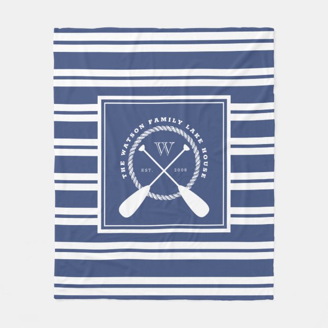 Preppy Blue White Lake House Monogram Fleece Blanket (Front)