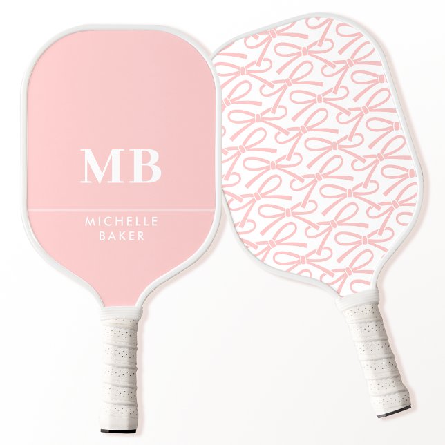 Preppy Blush Pink Ribbon Bow Personalised Monogram Pickleball Paddle (Creator Uploaded)