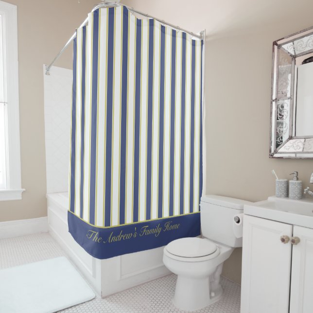 Preppy Boating Yacht Stripes Blue and White Shower Curtain (In Situ)