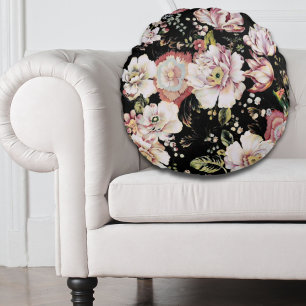 Preppy bohemian country girly chic black floral round cushion