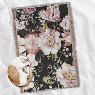 Preppy bohemian country girly chic black floral throw blanket