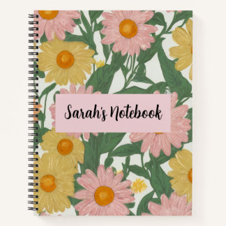 Preppy Boho Pink & Yellow Daisy Floral Custom Note Notebook