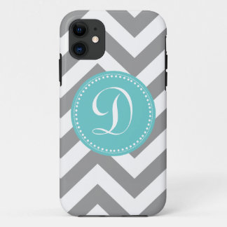 Preppy Bold Chevron Grey and Turquoise Monogram iPhone 11 Case