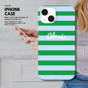 Preppy Bold Retro Stripe Pink Green Personalised iPhone 14 Case