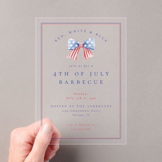 Preppy Bow 4th of July Independence Party BBQ Acrylic Invitations (Insitu (Handheld))