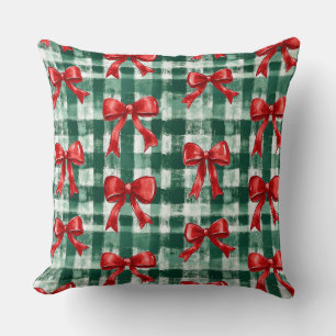 Preppy Bow Green Plaid Christmas Cushion