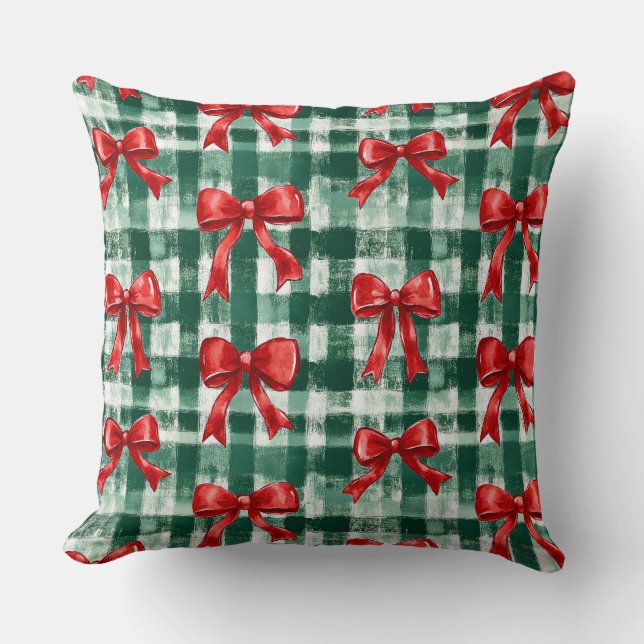 Preppy Bow Green Plaid Christmas Cushion (Front)