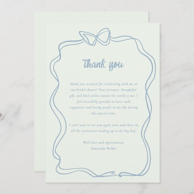 Preppy Bow Mint Green Blue Bridal Shower Thank You Card (Front/Back)