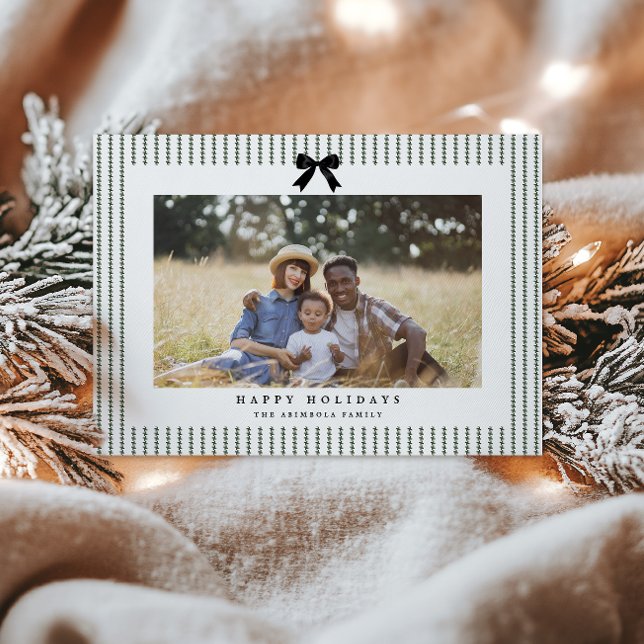 Preppy Bow Pine Stripe Photo Holiday Card (Creator Uploaded)