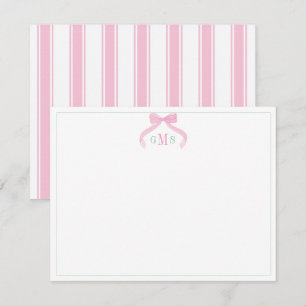 Preppy Bow Pink And Green Three Letter Monogram Thank You Card
