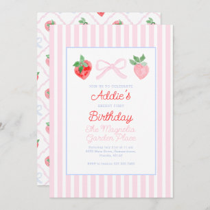 Preppy Bows & Strawberries Berry First Birthday Invitation