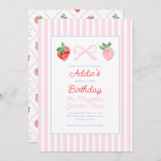 Preppy Bows & Strawberries Berry First Birthday Invitation