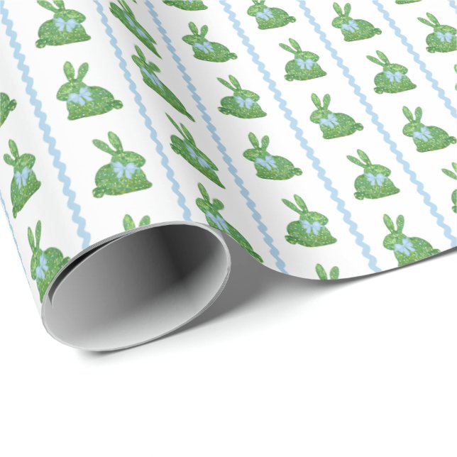 Preppy Boxwood Bunny Boy Blue Ribbon Baby Shower Wrapping Paper (Roll Corner)