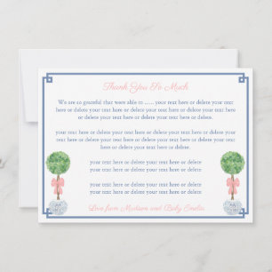 Preppy Boxwood Pink Bow Little Girl Baby Shower Thank You Card