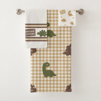 Preppy Boys Dinosaur Gingham - Brown Green & Khaki Bath Towel Set