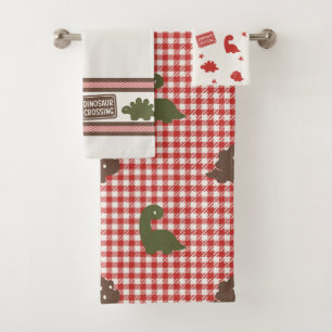 Preppy Boys Dinosaur Gingham - Brown Green & Red Bath Towel Set
