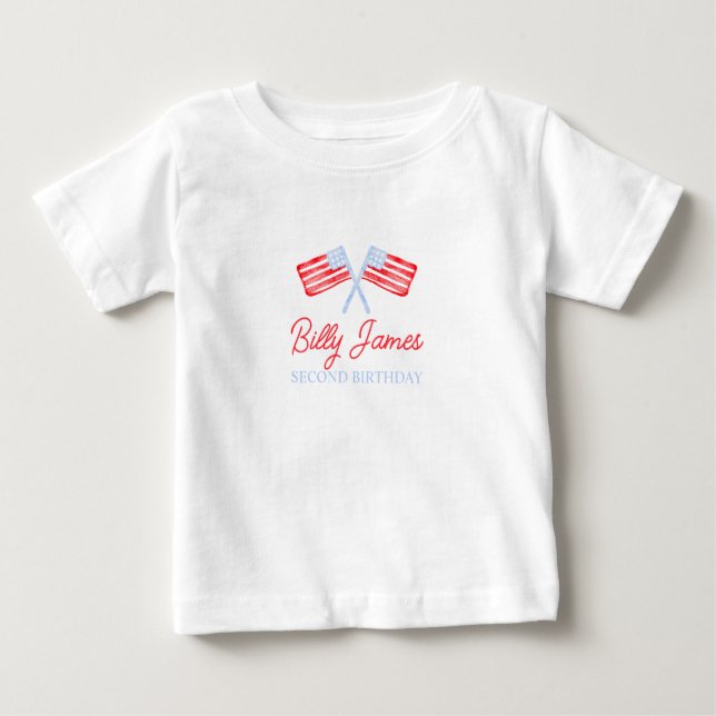 Preppy Boys Red White & Two Patriotic Birthday Baby T-Shirt (Front)