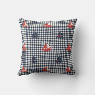 Preppy Boys Sailboat & Gingham Barn Red & Navy Cushion