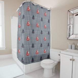 Preppy Boys Sailboat & Gingham Navy & Barn Red Shower Curtain
