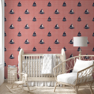 Preppy Boys Sailboat & Gingham Navy & Barn Red Wallpaper