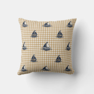 Preppy Boys Sailboat & Gingham Navy & Khaki Cushion