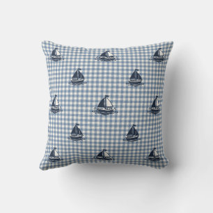 Preppy Boys Sailboat & Gingham Navy & Smoke Blue Cushion