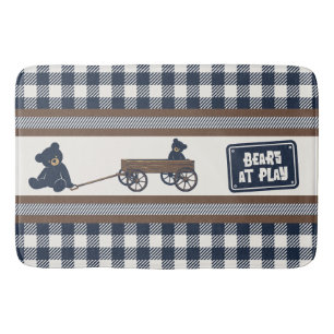 Preppy Boys Teddy Bear & Gingham - Brown & Navy Bath Mat