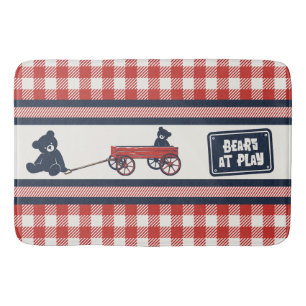 Preppy Boys Teddy Bear & Gingham - Navy & Barn Red Bath Mat