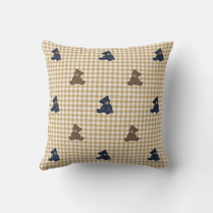 Preppy Boys Teddy Bear Gingham Navy, Brown & Khaki Cushion