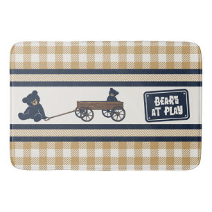 Preppy Boys Teddy Bear & Gingham - Navy & Khaki Bath Mat