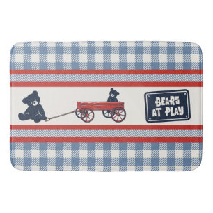 Preppy Boys Teddy Bear & Gingham - Red Navy & Blue Bath Mat