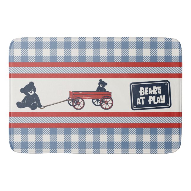 Preppy Boys Teddy Bear & Gingham - Red Navy & Blue Bath Mat (Front)
