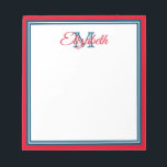 Preppy Bright Red and Marine Blue Monogram Notepad<br><div class="desc">Personalize this preppy bright red, marine blue and white monogram notepad with your choice of name and initial.</div>