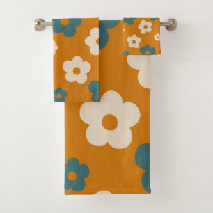 Preppy Brown Blue Hippie Flower Pattern Bath Towel Set