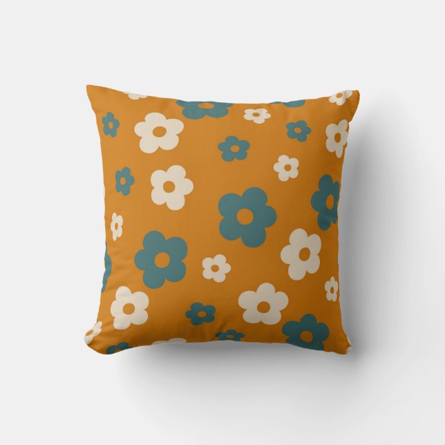 Preppy Brown Blue Hippie Flower Pattern Cushion (Front)