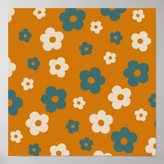 Preppy Brown Blue Hippie Flower Pattern Poster (Front)