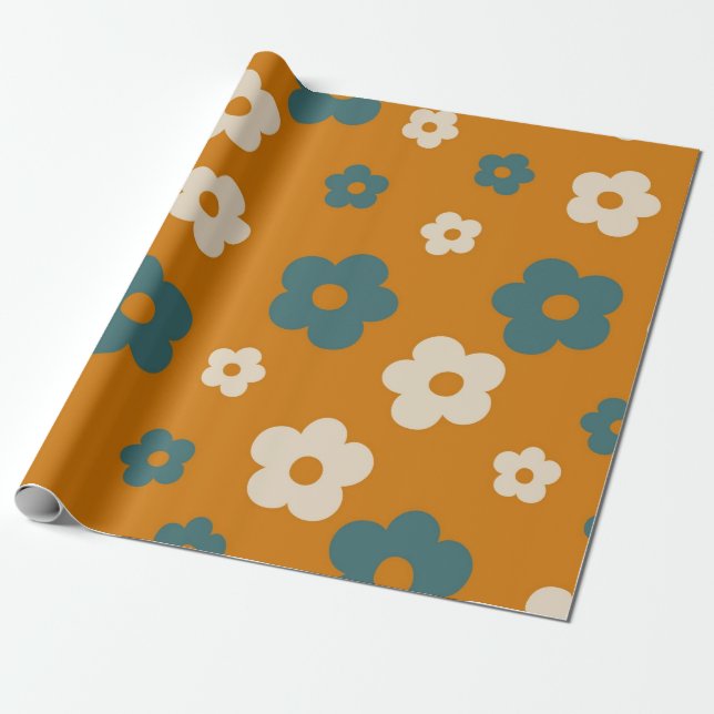 Preppy Brown Blue Hippie Flower Pattern Wrapping Paper (Unrolled)